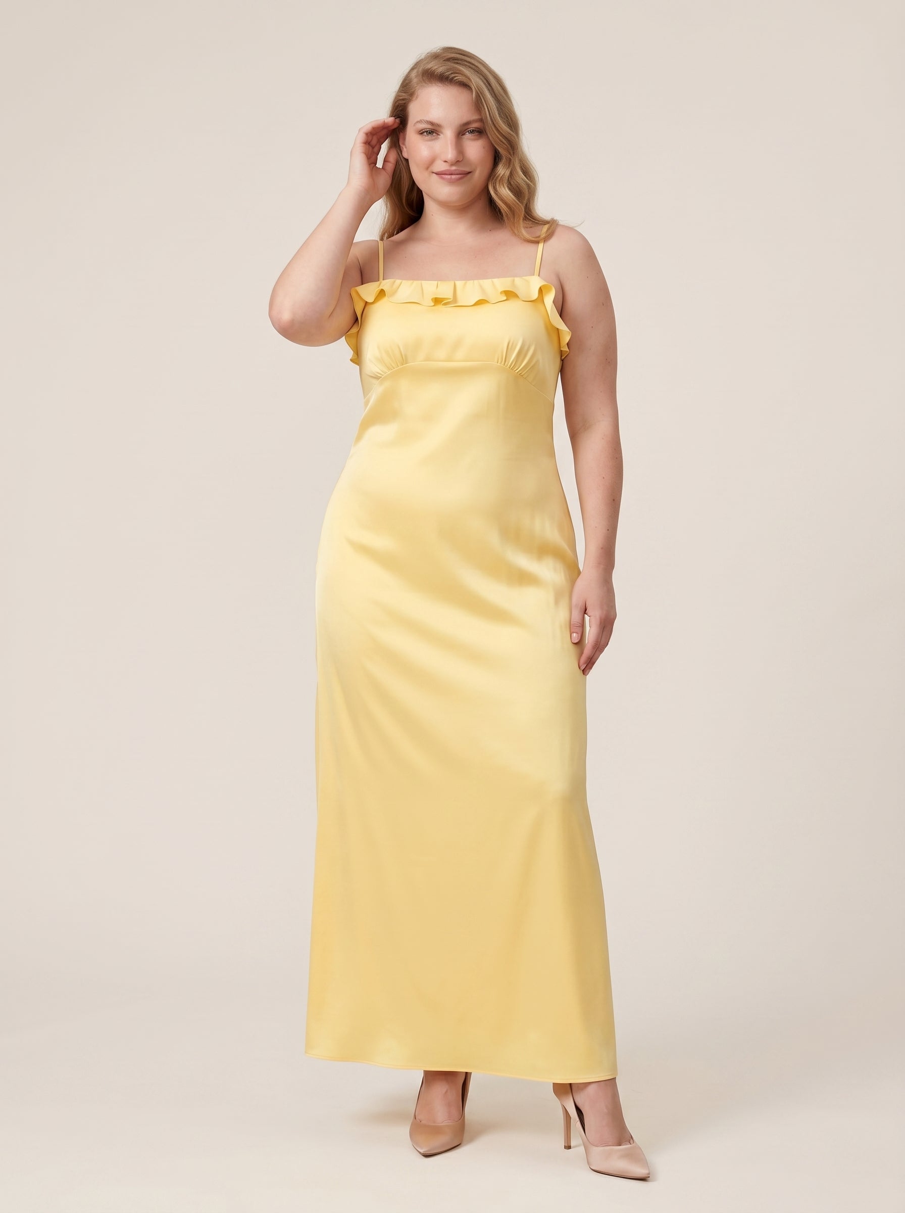 Elegant Daffodil Satin A-Line Straight Neck Backless Ankle-Length Plus Size Bridesmaid Dress