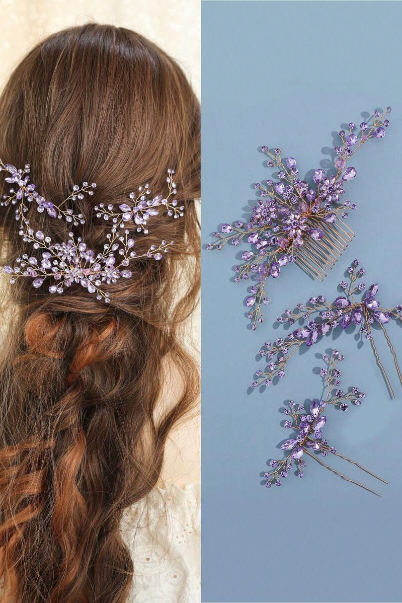 Purple Crystal Bridal Hair Set Gold Vine Hair Comb & Hair Pins Wedding Hair Jewelry