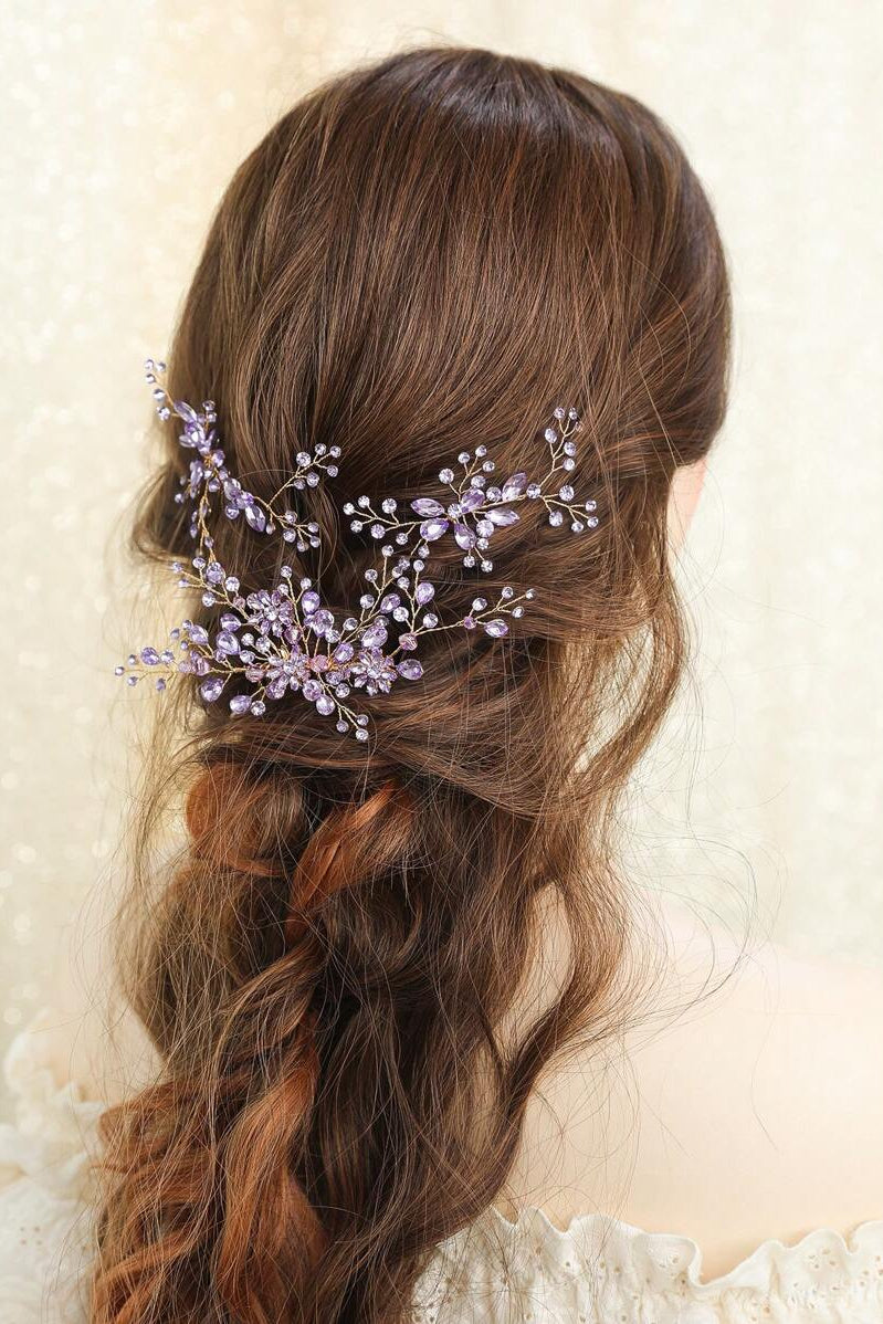 Purple Crystal Bridal Hair Set Gold Vine Hair Comb & Hair Pins Wedding Hair Jewelry