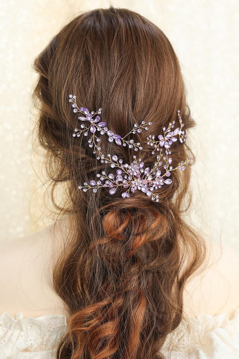 Purple Crystal Bridal Hair Set Gold Vine Hair Comb & Hair Pins Wedding Hair Jewelry