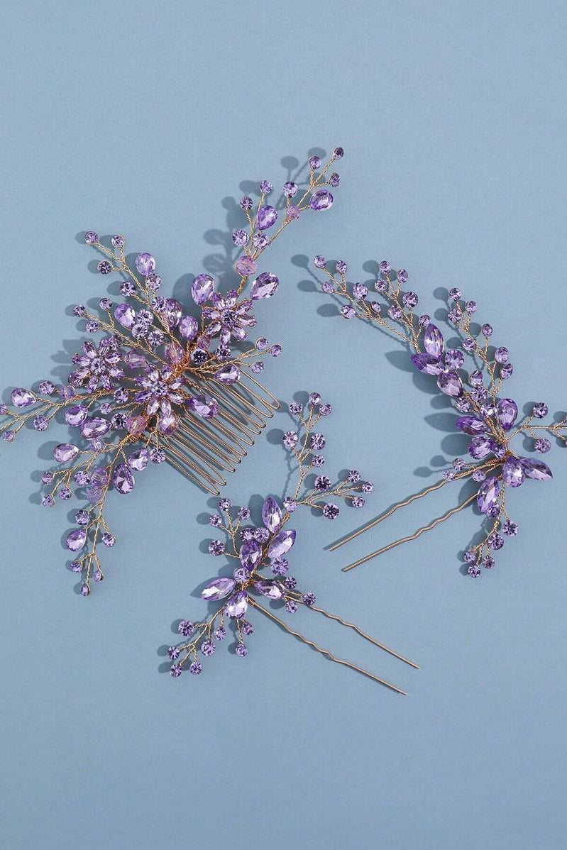 Purple Crystal Bridal Hair Set Gold Vine Hair Comb & Hair Pins Wedding Hair Jewelry