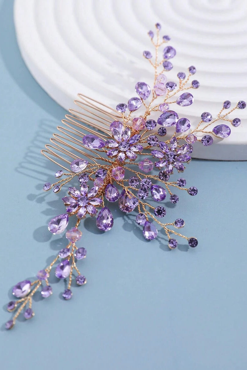 Purple Crystal Bridal Hair Set Gold Vine Hair Comb & Hair Pins Wedding Hair Jewelry