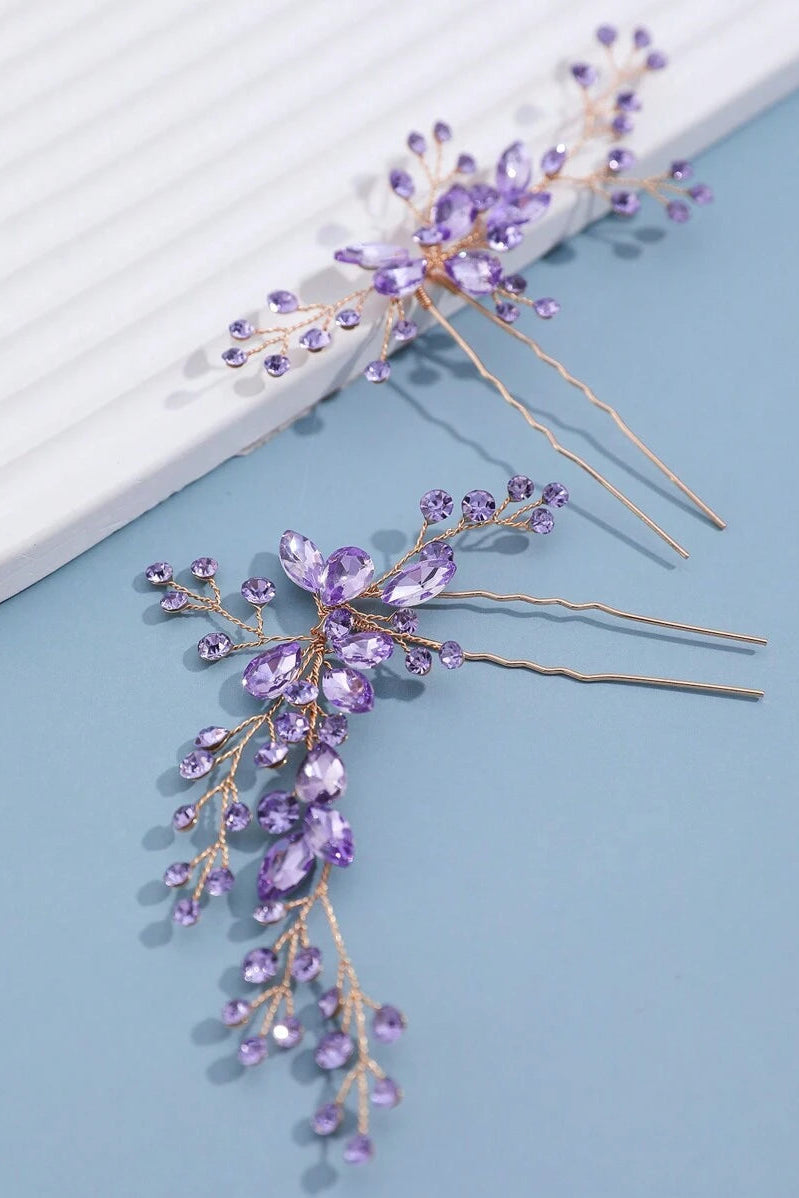 Purple Crystal Bridal Hair Set Gold Vine Hair Comb & Hair Pins Wedding Hair Jewelry