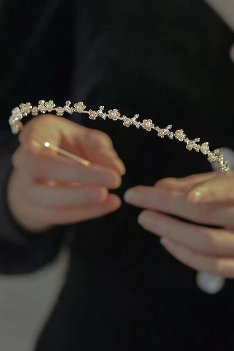 Gold Mini Flower Pearl Thin Headband Dainty Floral Bridal Wedding Headband