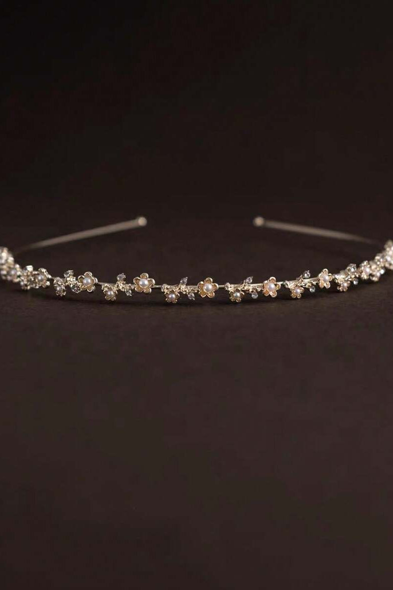 Gold Mini Flower Pearl Thin Headband Dainty Floral Bridal Wedding Headband