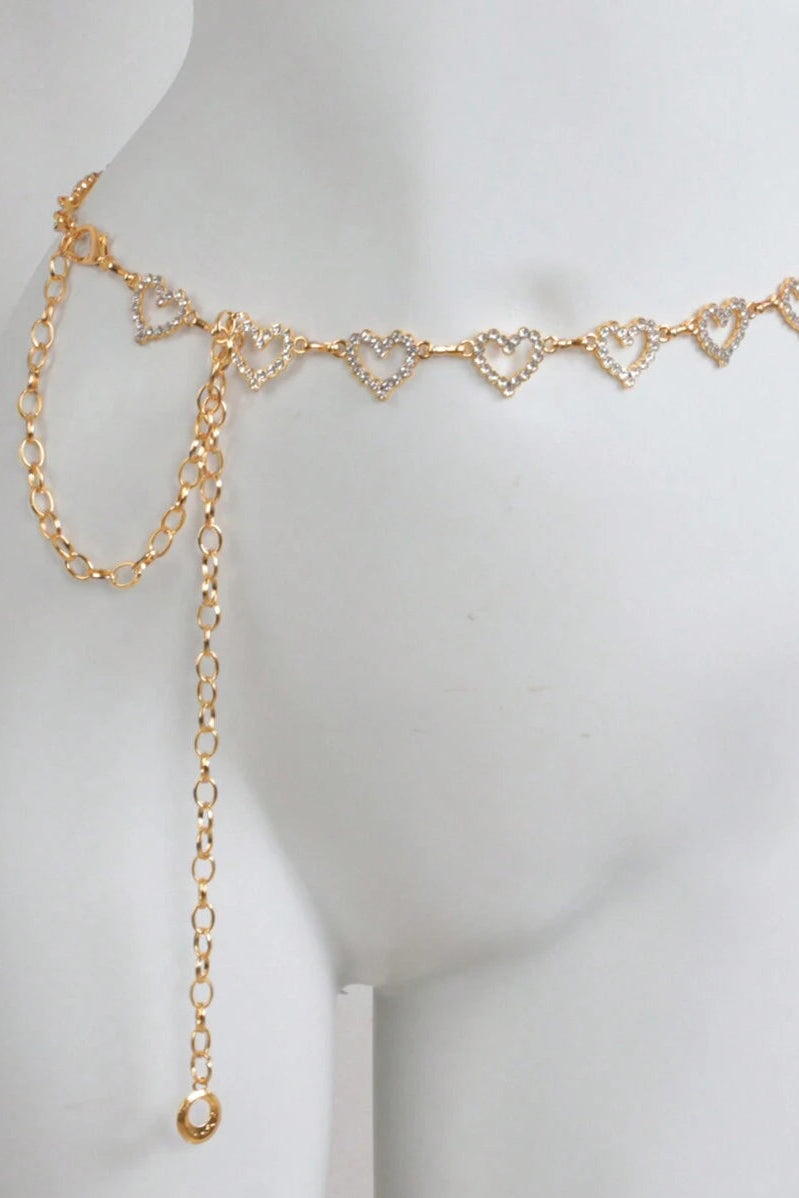 Gold Hollow Heart Rhinestone Waist Chain Sparkly Crystal Dress Belt