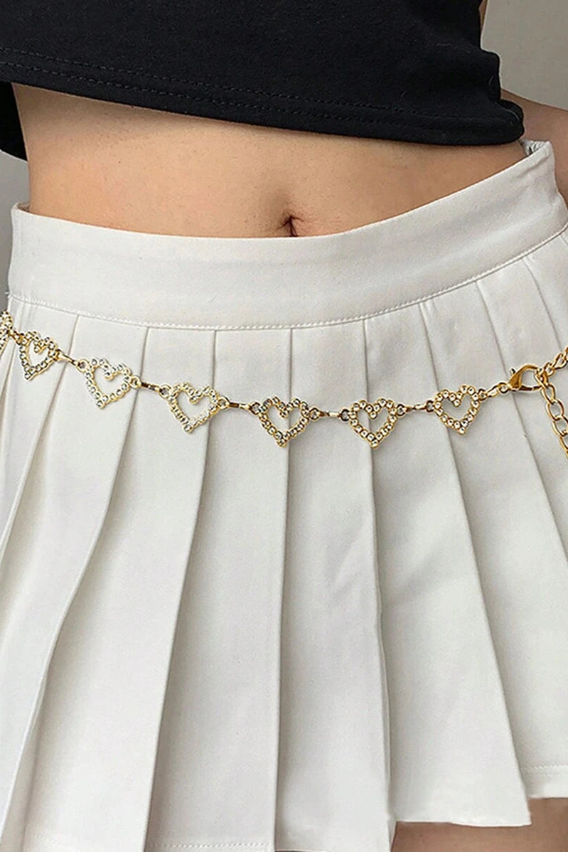 Gold Hollow Heart Rhinestone Waist Chain Sparkly Crystal Dress Belt