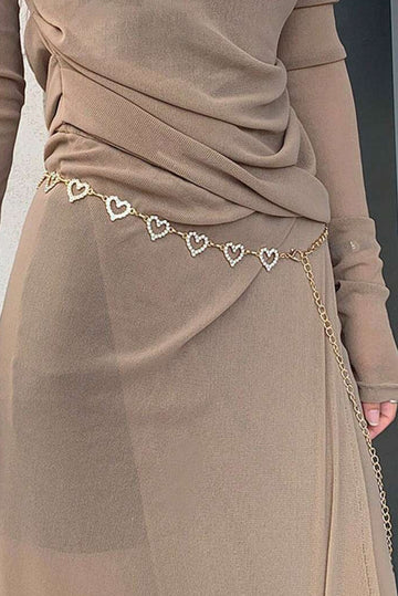 Gold Hollow Heart Rhinestone Waist Chain Sparkly Crystal Dress Belt