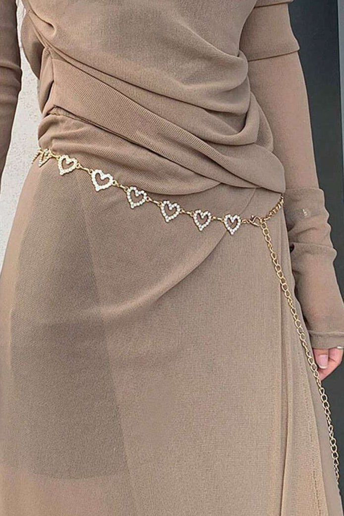 Gold Hollow Heart Rhinestone Waist Chain Sparkly Crystal Dress Belt