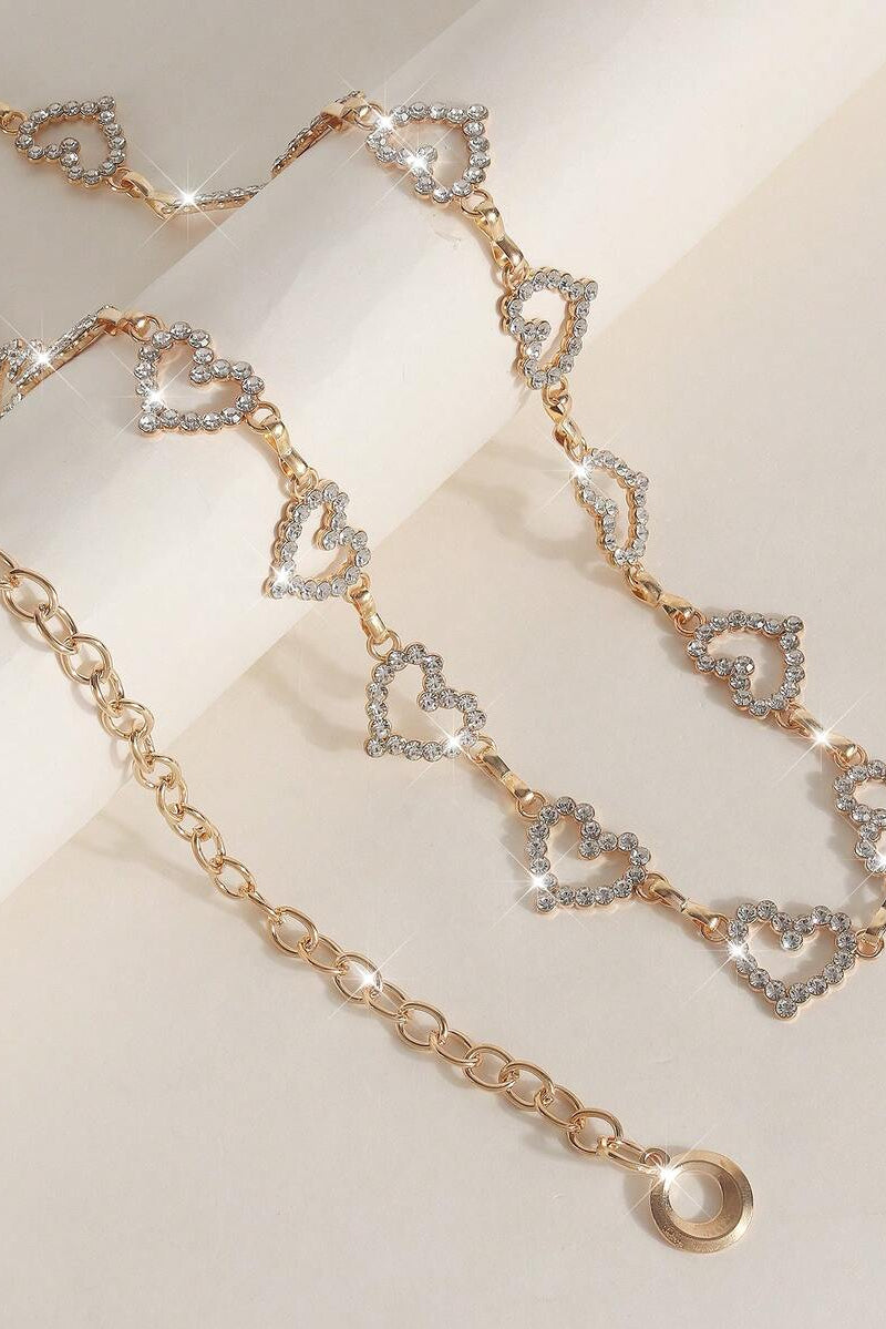 Gold Hollow Heart Rhinestone Waist Chain Sparkly Crystal Dress Belt