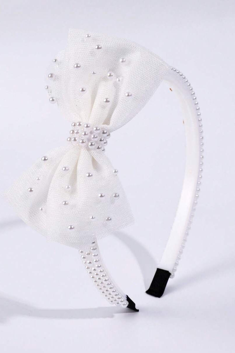 White Tulle Pearl Bow Headband Sheer Mesh Bow Bridal Hair Band