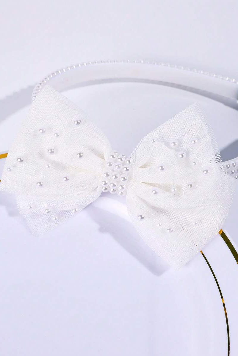 White Tulle Pearl Bow Headband Sheer Mesh Bow Bridal Hair Band