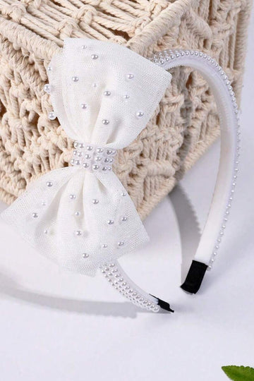 White Tulle Pearl Bow Headband Sheer Mesh Bow Bridal Hair Band