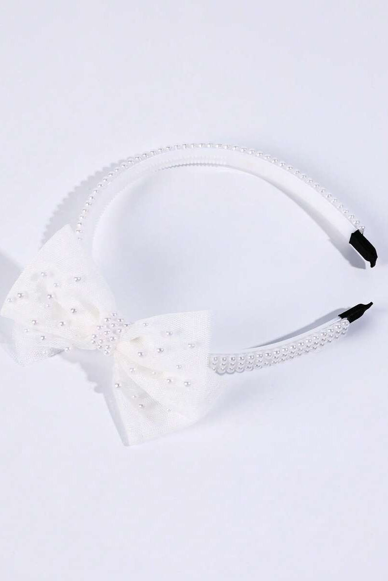 White Tulle Pearl Bow Headband Sheer Mesh Bow Bridal Hair Band