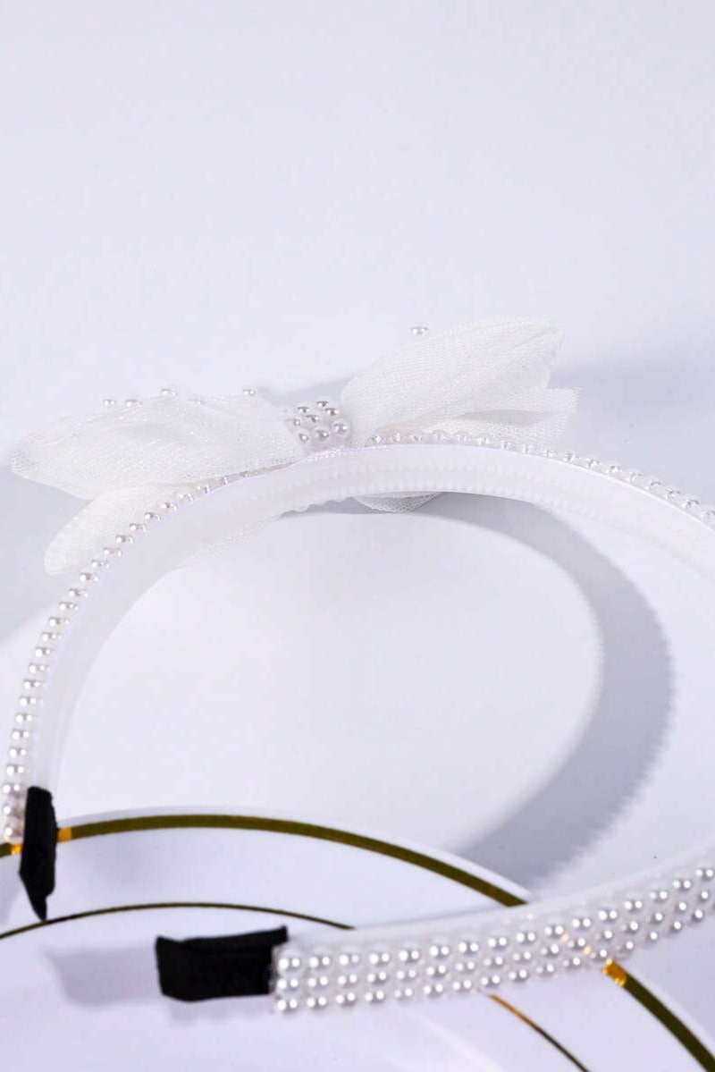 White Tulle Pearl Bow Headband Sheer Mesh Bow Bridal Hair Band