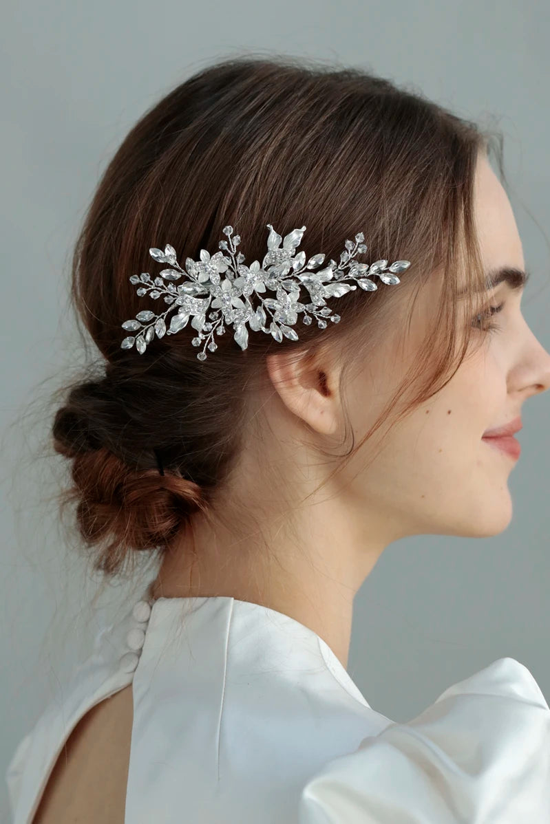 Handmade Silver Crystal Floral Bridal Hair Clip Wedding Rhinestone Leaf Hair Barrette
