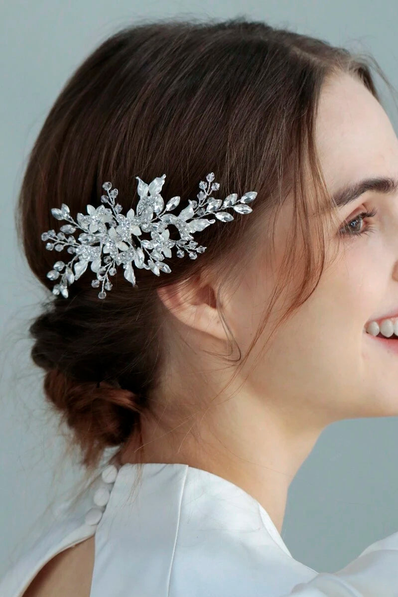 Handmade Silver Crystal Floral Bridal Hair Clip Wedding Rhinestone Leaf Hair Barrette