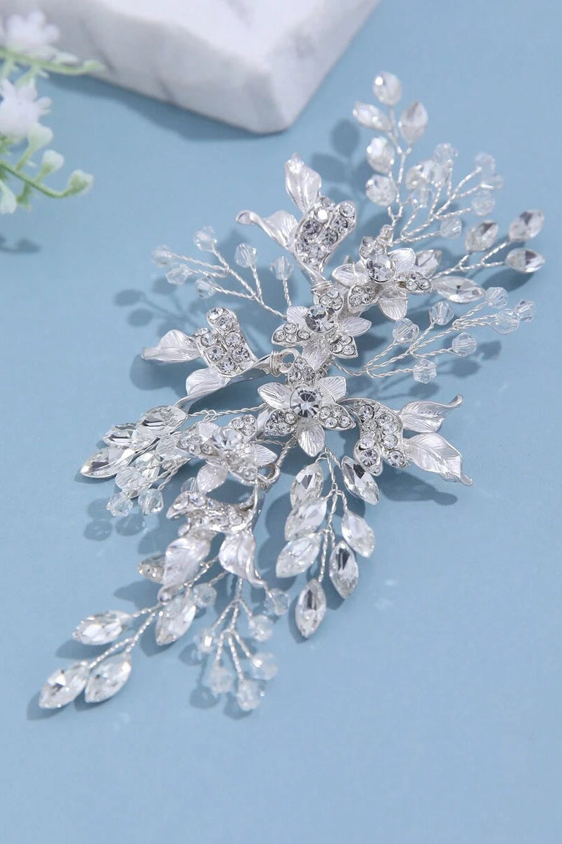 Handmade Silver Crystal Floral Bridal Hair Clip Wedding Rhinestone Leaf Hair Barrette