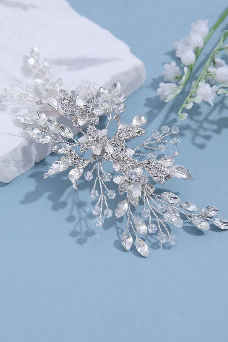 Handmade Silver Crystal Floral Bridal Hair Clip Wedding Rhinestone Leaf Hair Barrette