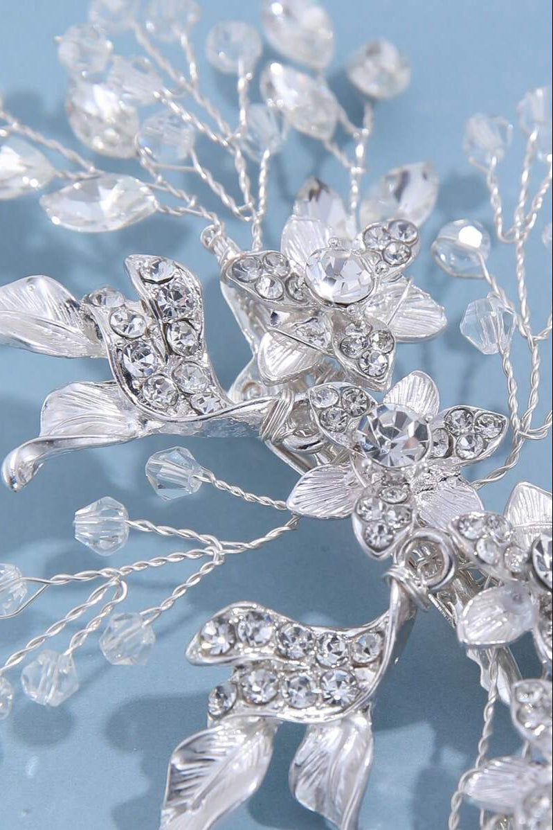 Handmade Silver Crystal Floral Bridal Hair Clip Wedding Rhinestone Leaf Hair Barrette