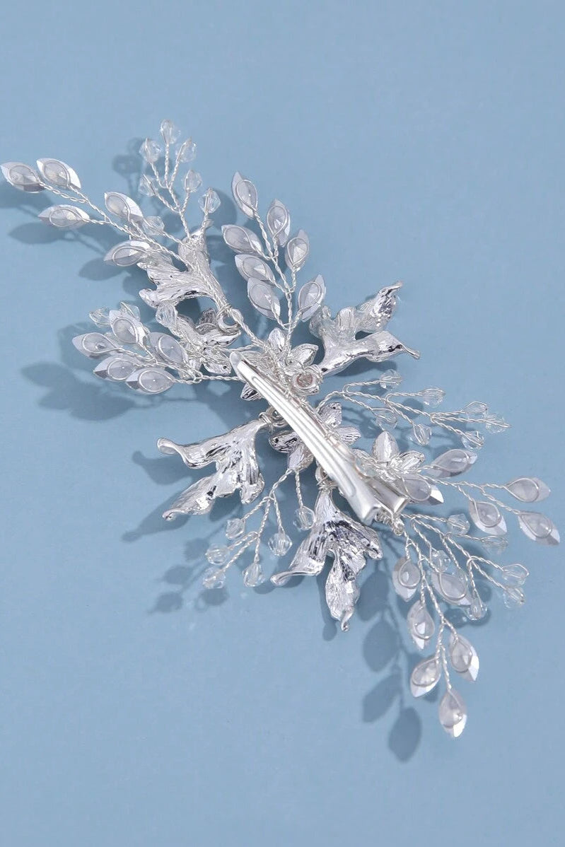 Handmade Silver Crystal Floral Bridal Hair Clip Wedding Rhinestone Leaf Hair Barrette