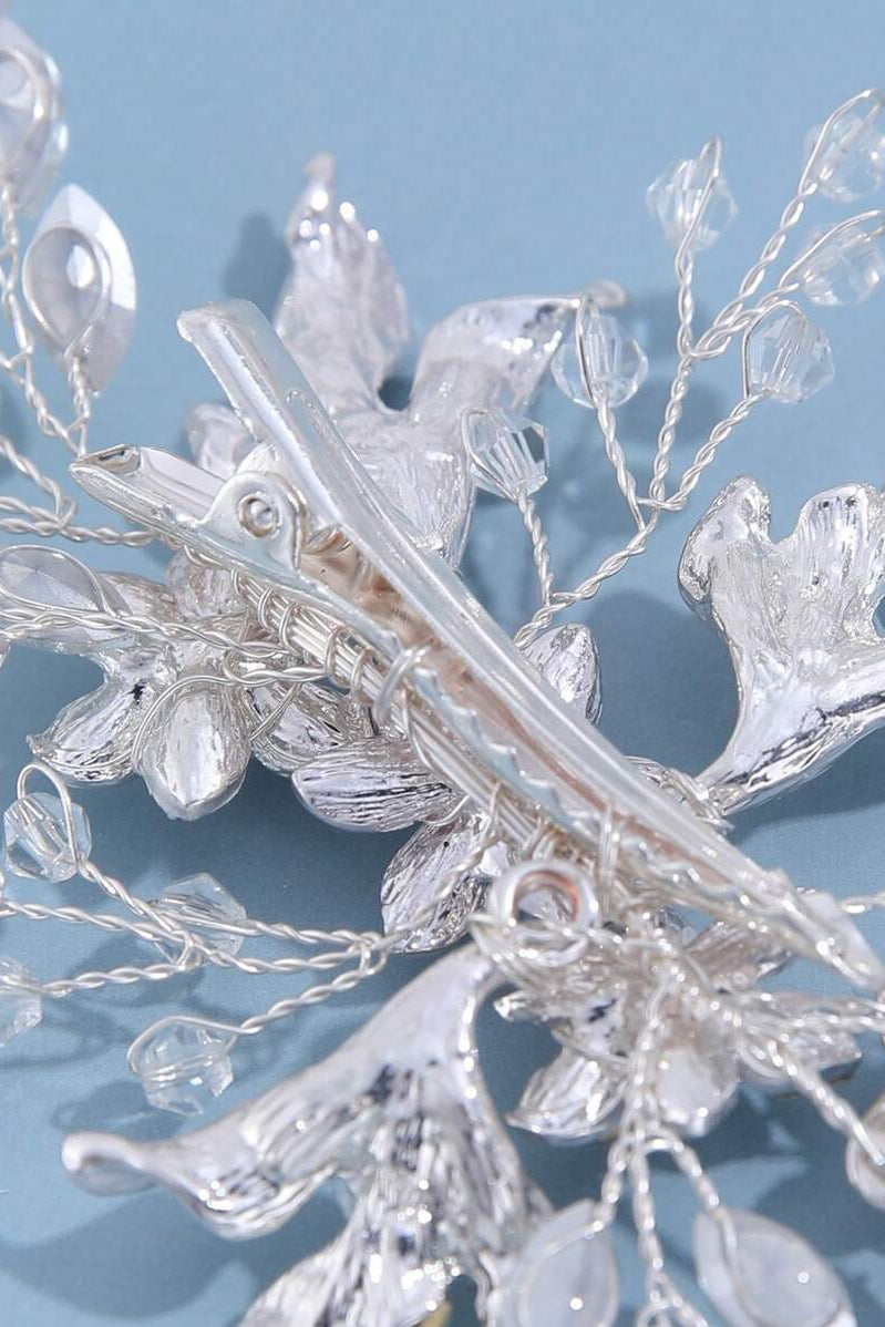 Handmade Silver Crystal Floral Bridal Hair Clip Wedding Rhinestone Leaf Hair Barrette