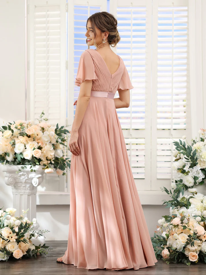 Chiffon Flutter-Sleeve V-Neck Beaded Waist A-Line Floor-Length Blush Pink Bridesmaid Dresses