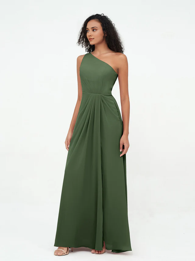 Chiffon One-Shoulder Ruched Bodice High-Slit A-Line Floor-Length Bridesmaid Dresses