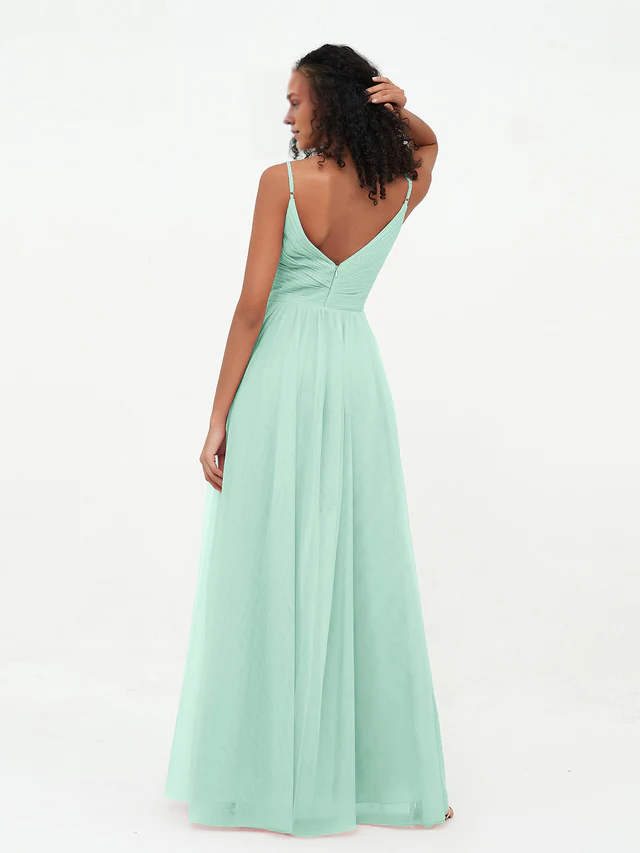 Chiffon Spaghetti-Strap V-Neck Ruched Bodice A-Line Floor-Length Bridesmaid Dresses