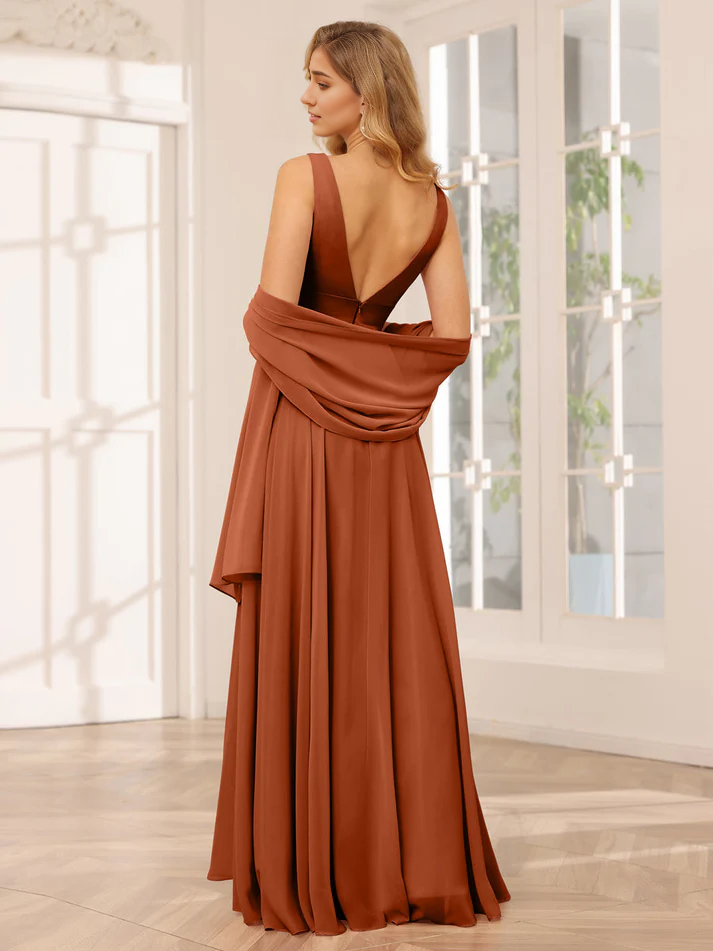 Chiffon V-Neck Detachable Bell-Sleeve High-Low A-Line Floor-Length Versatile Bridesmaid Dress