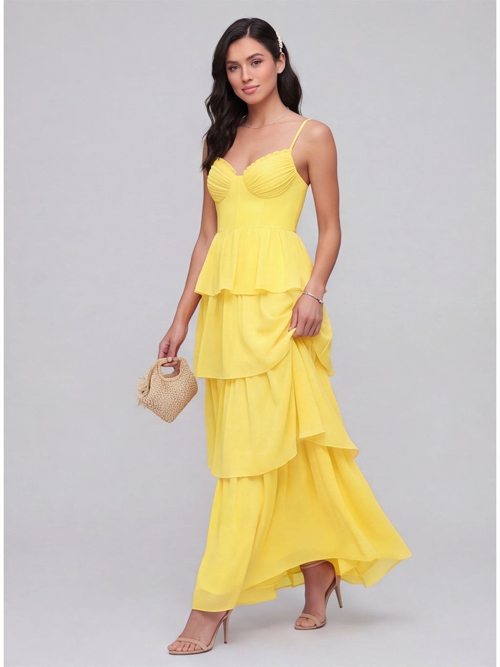Coquette Lemon Chiffon A-Line Square Neck Backless with Cascading Ruffles Ankle-Length Bridesmaid Dress