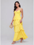 Coquette Lemon Chiffon A-Line Square Neck Backless with Cascading Ruffles Ankle-Length Bridesmaid Dress