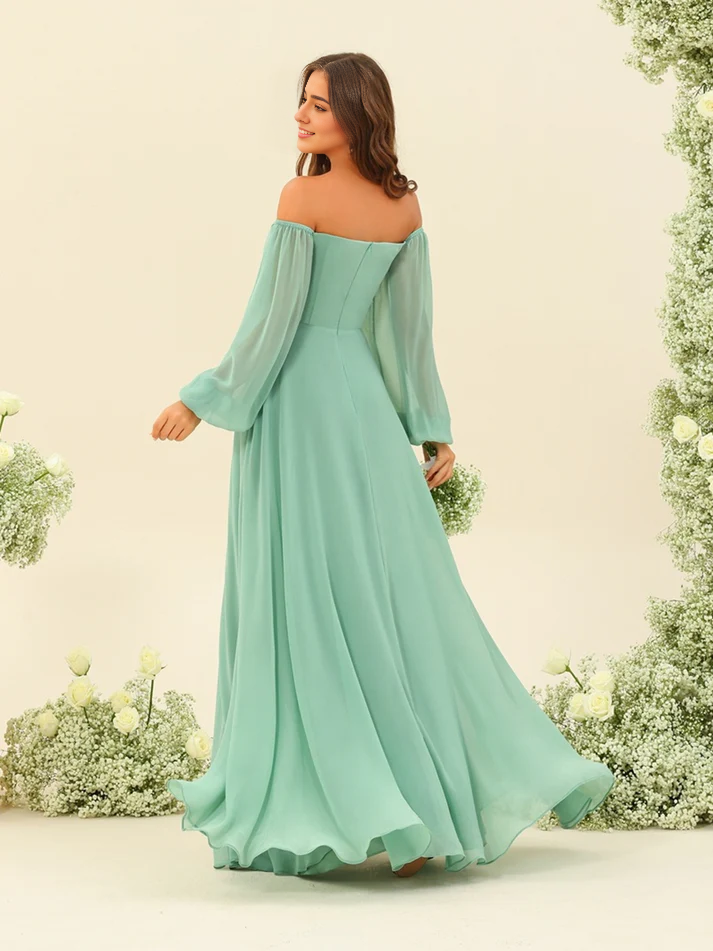 Chiffon Off-the-Shoulder Long-Sleeve Ruched Bodice High-Slit A-Line Floor-Length Romantic Bridesmaid Dress