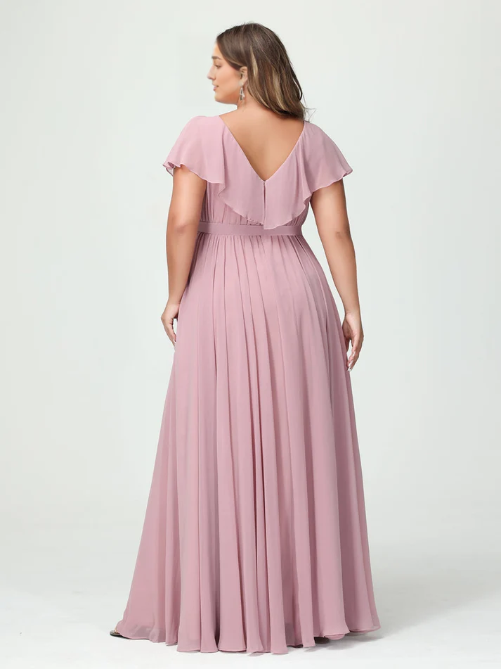 Chiffon Flutter-Sleeve V-Neck Pleated Bodice High-Slit A-Line Floor-Length Romantic Bridesmaid Dress
