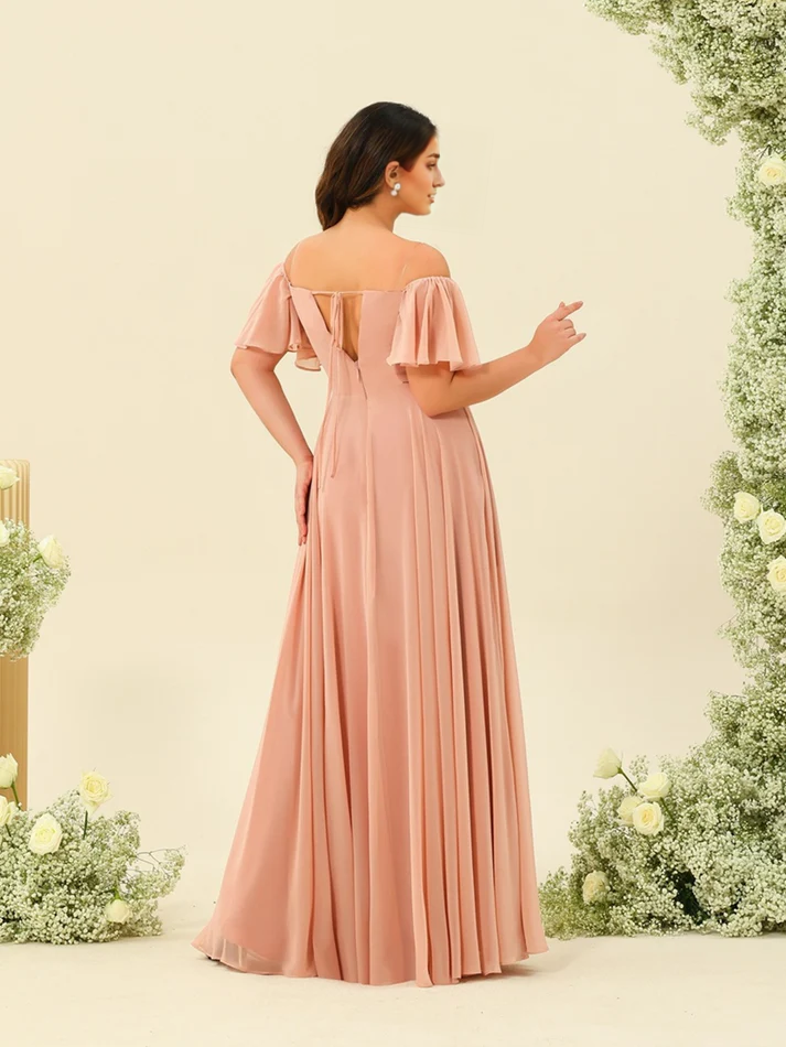Chiffon Off-the-Shoulder Short-Sleeve Ruched Bodice High-Slit A-Line Floor-Length Romantic Bridesmaid Dress