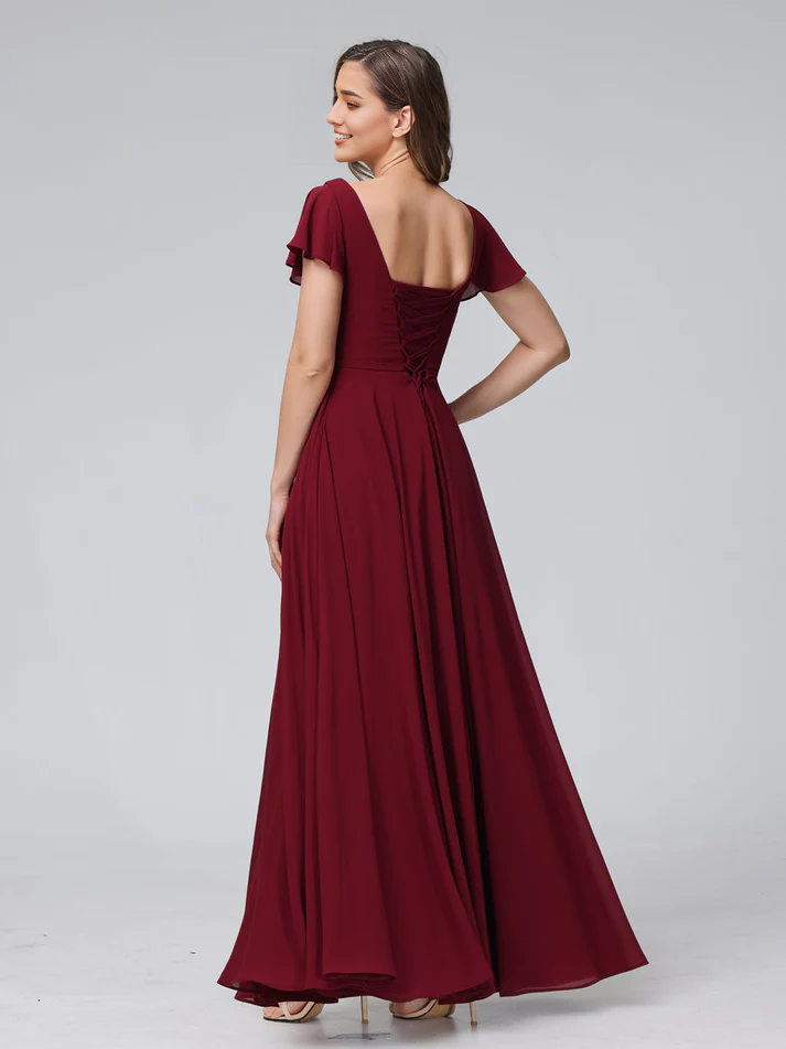 Satin Short-Sleeve V-Neck Ruched Bodice High-Slit A-Line Floor-Length Burgundy Romantic Bridesmaid Dress