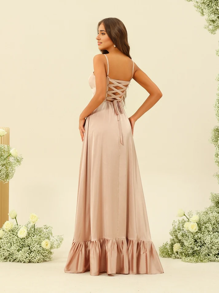 Satin Spaghetti-Strap Square-Neck High-Slit Ruffled-Hem Floor-Length Elegant Bridesmaid Dress