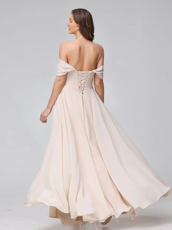 Chiffon Off-the-Shoulder Short-Sleeve Ruched Bodice High-Slit A-Line Floor-Length Elegant Bridesmaid Dress