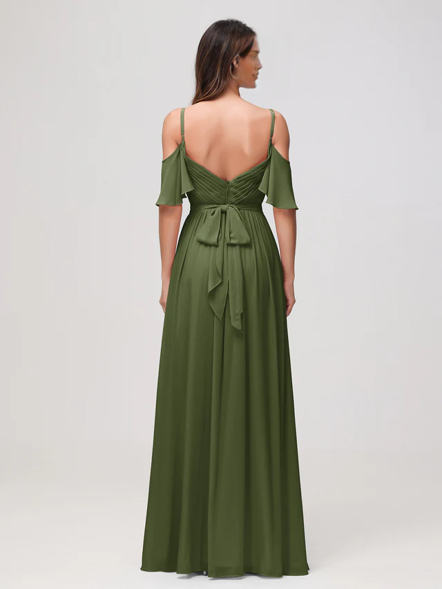 Chiffon Off-Shoulder V-Neck Ruched Bodice High-Slit A-Line Floor-Length Bridesmaid Dresses
