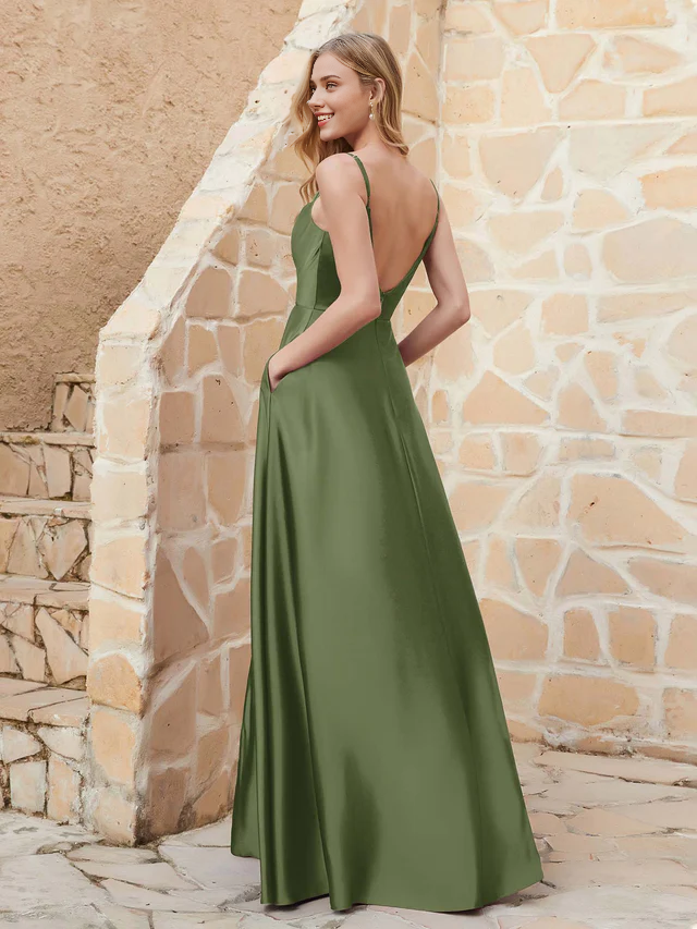 Satin Spaghetti-Strap Square Neck Ruched Bodice High-Slit Sheath Floor-Length Bridesmaid Dresses