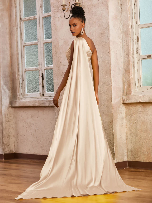 Satin One-Shoulder Ruched Bodice High-Slit Sheath Train Floor-Length Bridesmaid Dresses
