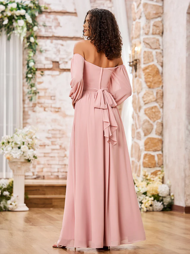 Chiffon Off-Shoulder Long-Sleeve Ruched Bodice High-Slit A-Line Floor-Length Bridesmaid Dresses