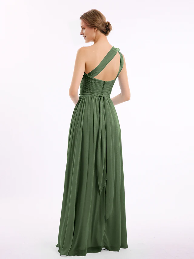 Chiffon One-Shoulder Ruched Bodice Pocketed A-Line Floor-Length Bridesmaid Dresses
