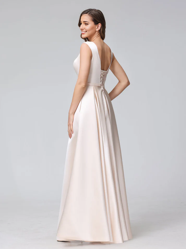 Satin V-Neck Sleeveless A-Line Floor-Length Elegant Bridesmaid Dress