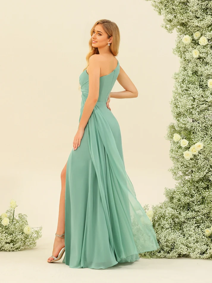Chiffon One-Shoulder Ruched Bodice High-Slit Sheath Floor-Length Modern Bridesmaid Dress