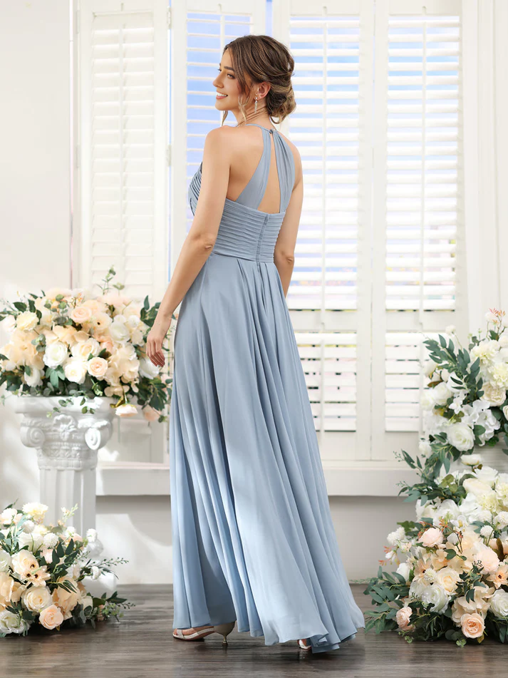 Chiffon Halter Neck Ruched Bodice A-Line Floor-Length Elegant Bridesmaid Dress
