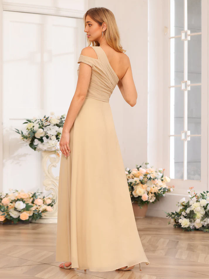 Chiffon One-Shoulder Short Sleeve Ruched Bodice Ruffled High-Slit A-Line Floor-Length Champagne Bridesmaid Dresses