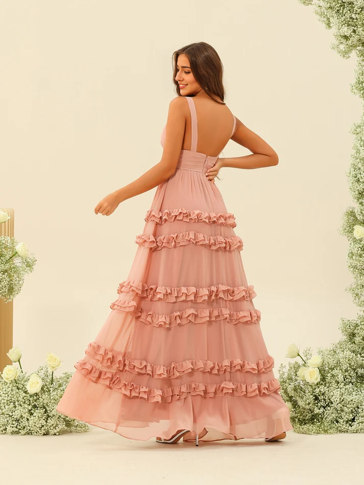 Chiffon Spaghetti-Strap V-Neck Ruffled Tiered Skirt High-Slit Floor-Length Romantic Bridesmaid Dress
