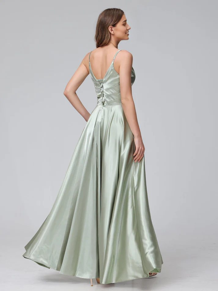 Satin Spaghetti-Strap Sweetheart Neckline Ruched Side A-Line Floor-Length Elegant Bridesmaid Dress