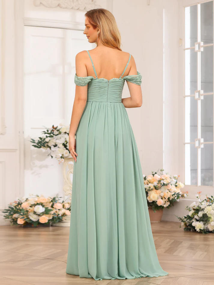 Chiffon Off-Shoulder Sweetheart Neckline Pocketed Bodice High-Slit A-Line Floor-Length Sage Green Bridesmaid Dresses